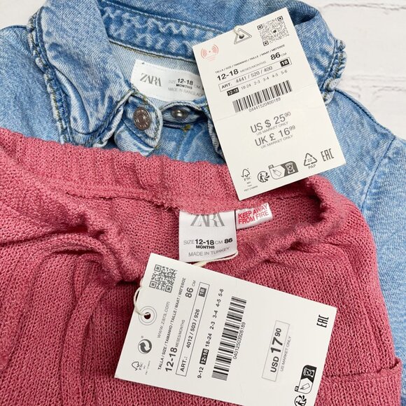 NWT Zara 12-18 month Girls Chambray Jacket + Knit Pants Bundle Blue Pink - Picture 6 of 6